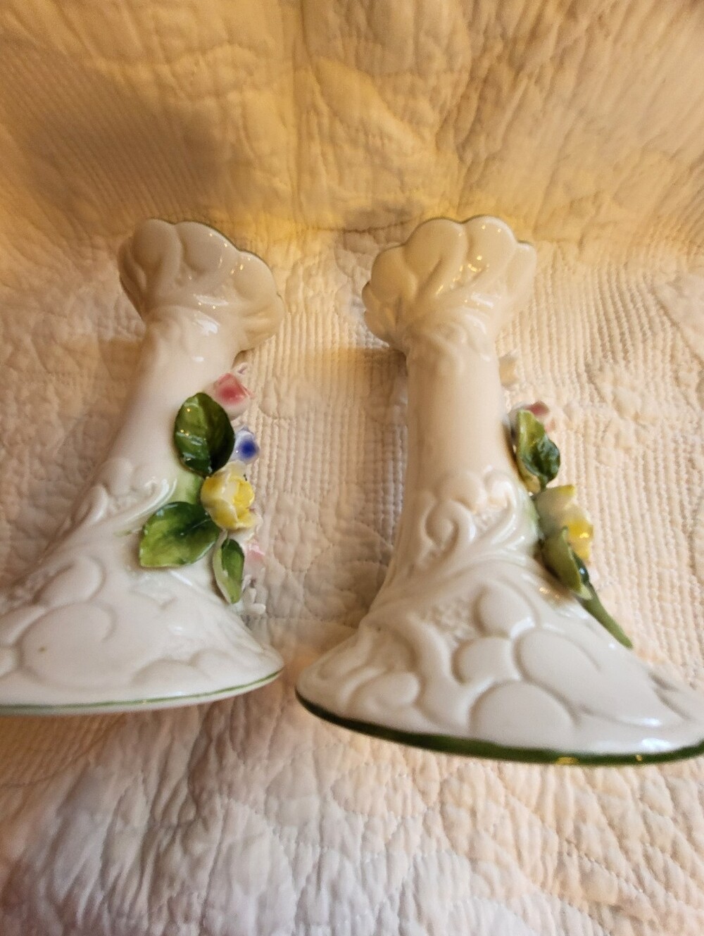 Set Of 2 Porcelain White Floral 5 Inch Candle Holders in with Pastel Roses - Picture 12 of 16